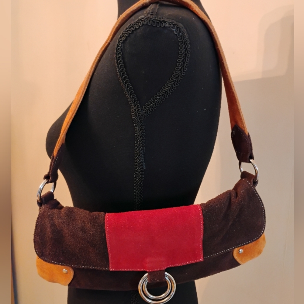 Vintage Y2K Genuine Leather Brown, Tan and Red Shoulder Bag - Picture 11 of 16